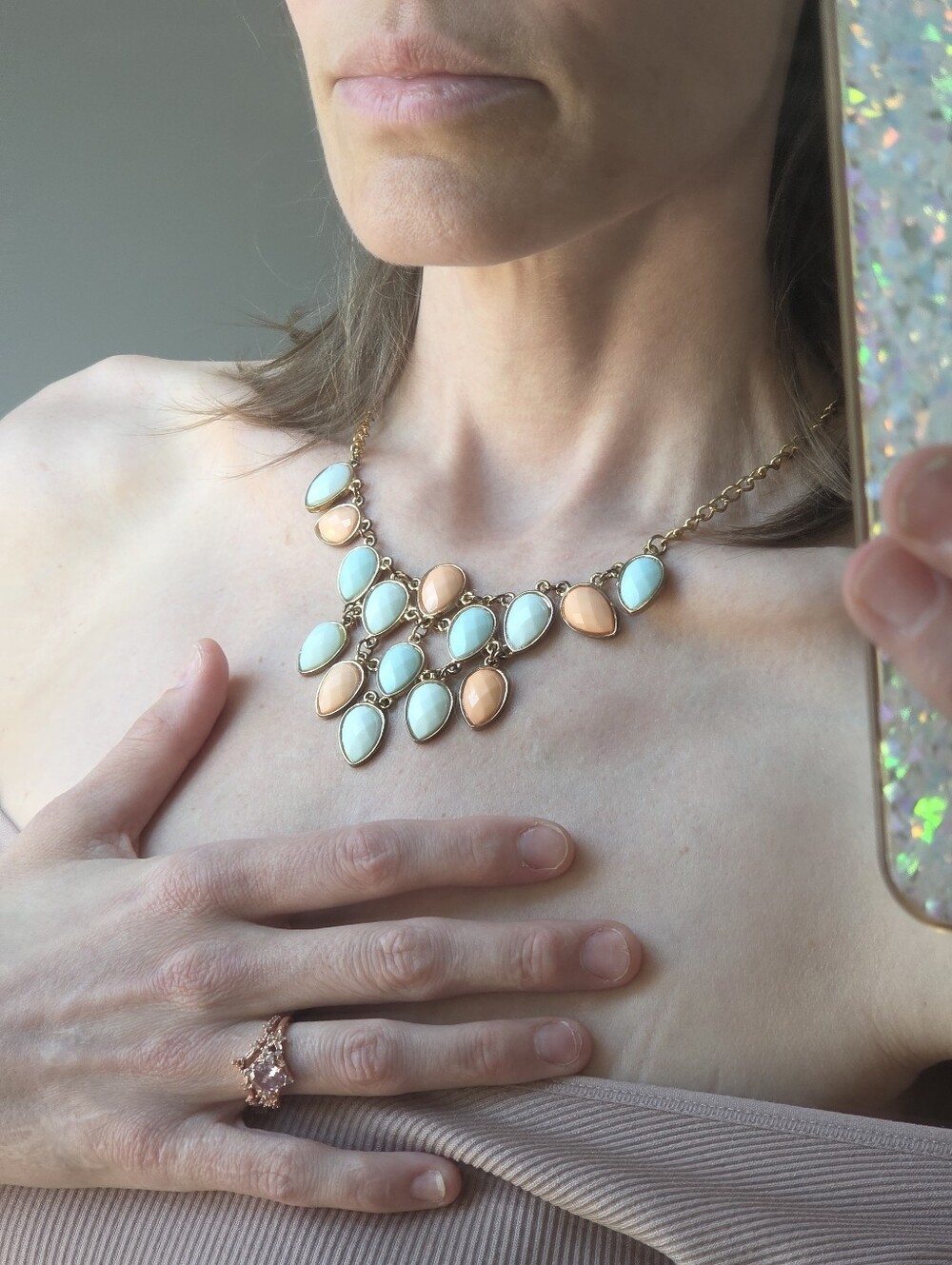 ​Vintage late 80's/90 Pastel Teardrop Statement Necklace Gold Tone Bib Pastel